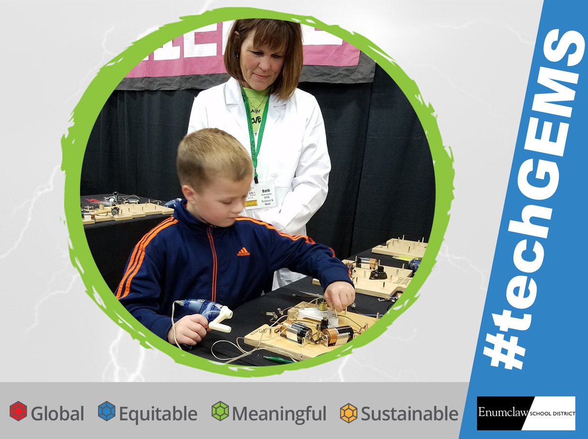 enumclawtech's tweet image. EHS Science and Math teachers guided visitors through designing a closed circuit using batteries and hand powered cranks to generate power for a fan. It was a great challenge for all ages and inspired creative problem solving.  #techGEMS