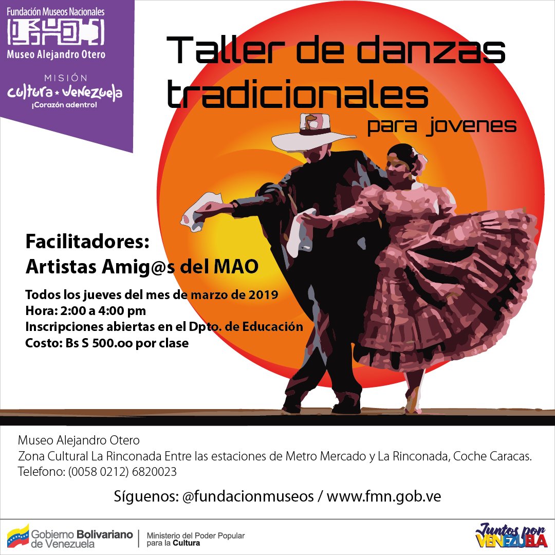 minculturave's tweet photo. ¡Vamos chic@s anímense! 💃
#Participa en el #Taller de danzas tradicionales, en el @MuseoAOtero de #Caracas.
¡Todos los #Jueves durante el mes de #Marzo!  #FelizViernes #15Mar #UsoRacionalDeLaEnergía  #ChavismoSigueVenciendo @VillegasPoljak https://t.co/gFjjCyoVOn