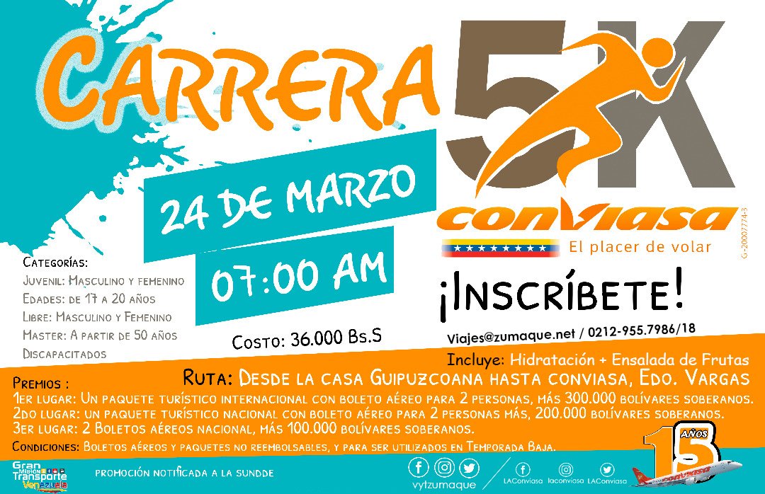 vytzumaque's tweet photo. Te invitamos a participar en la carreara 5k de Conviasa, este 24/03 en el Edo. Vargas

¡Vive la Experiencia con Zumaque!
Contáctanos: 0212-955.7918/57/86 o viajes@zumaque.net
#EnamóratedeVenezuela #viajesyturismozumaque #turismo #agencia #viajes #carrera #conviasa #Deportes #5k https://t.co/NxTVGQwOvk