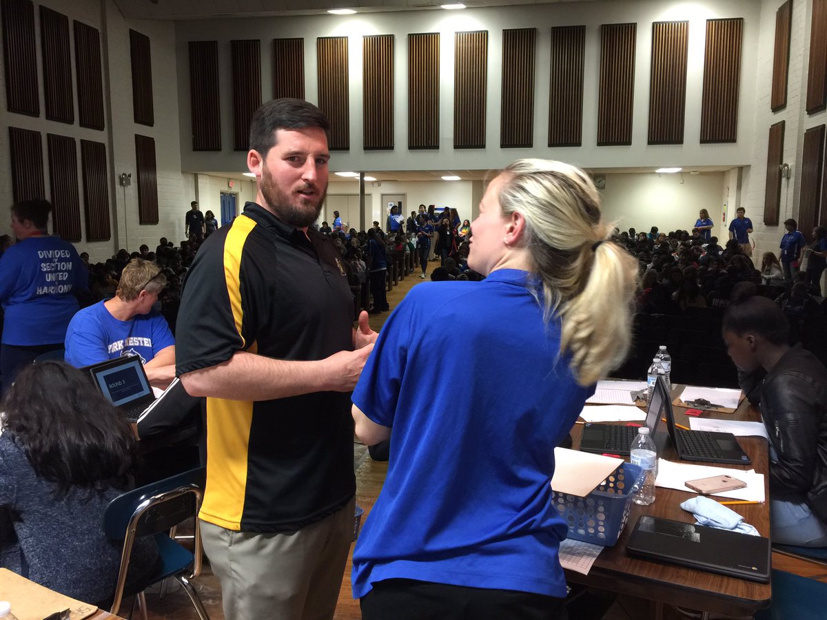 YCMScounseling's tweet photo. So Mr. Huffstetler has found out Mrs. Rohrer used to teach math 🤣🤣 Score currently tied! #PiDayYCMS @YorkChesterMS Celebration https://t.co/W76nwRlqWm