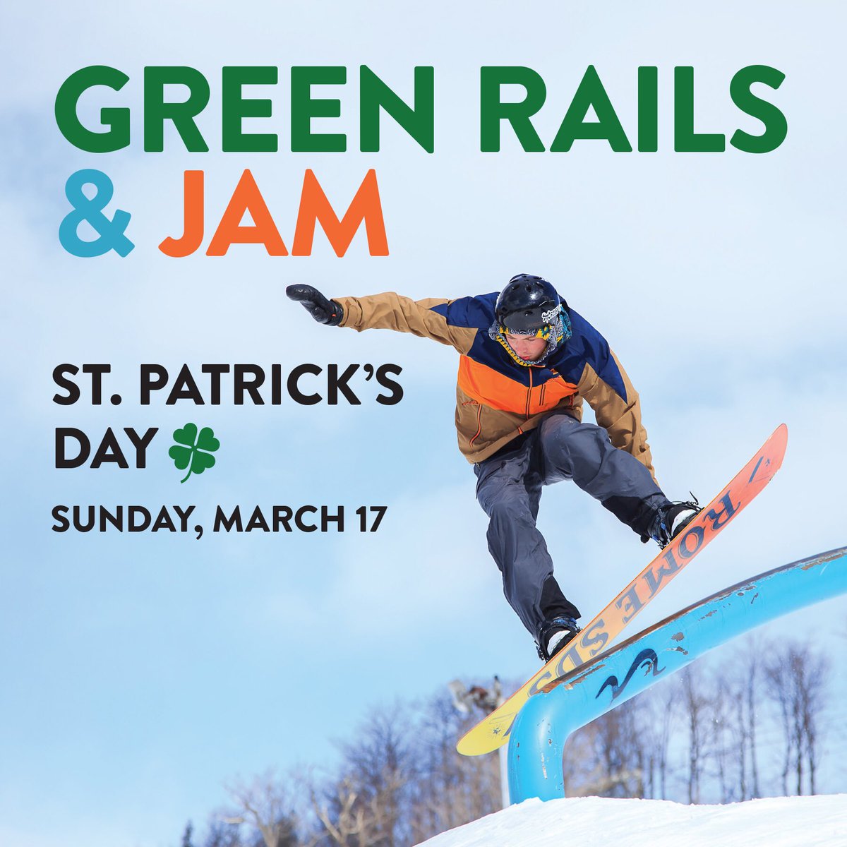 glen_eden's tweet photo. It’s time for one last rail jam of the season! 🏂 Sunday, March 17 from 12:00 to 3:00 pm on Nighthawk. And don’t forget to wear some green gear to celebrate St. Patrick’s Day! 🍀 #MyGE #GEParks #RailJam https://t.co/HsRXo0mPuF