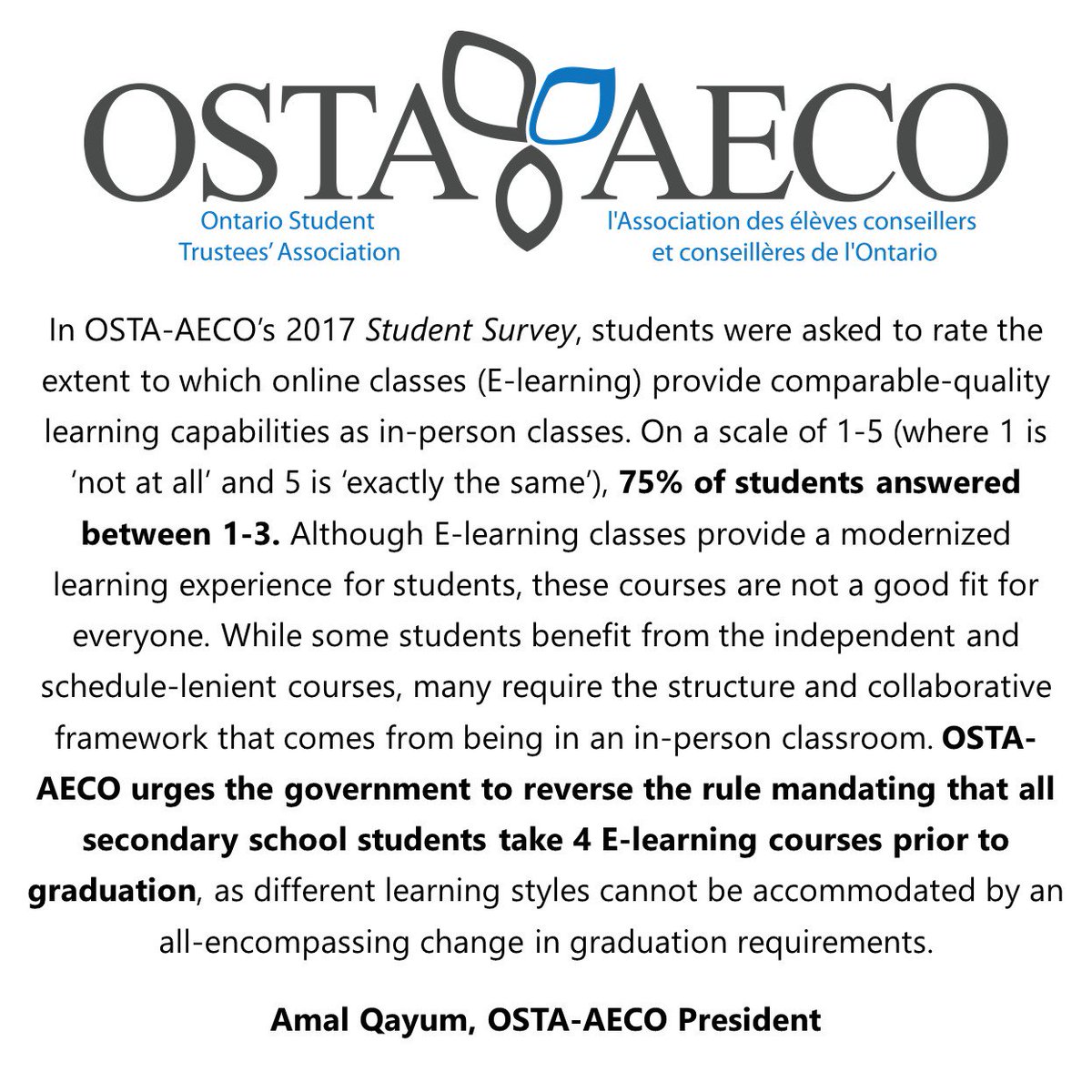 OSTAAECO's tweet photo. Please see the following statement from OSTA-AECO regarding recent announcements to changes in E-learning and graduation requirements. #OntEd #OnPoli https://t.co/GqrFpkmgVY