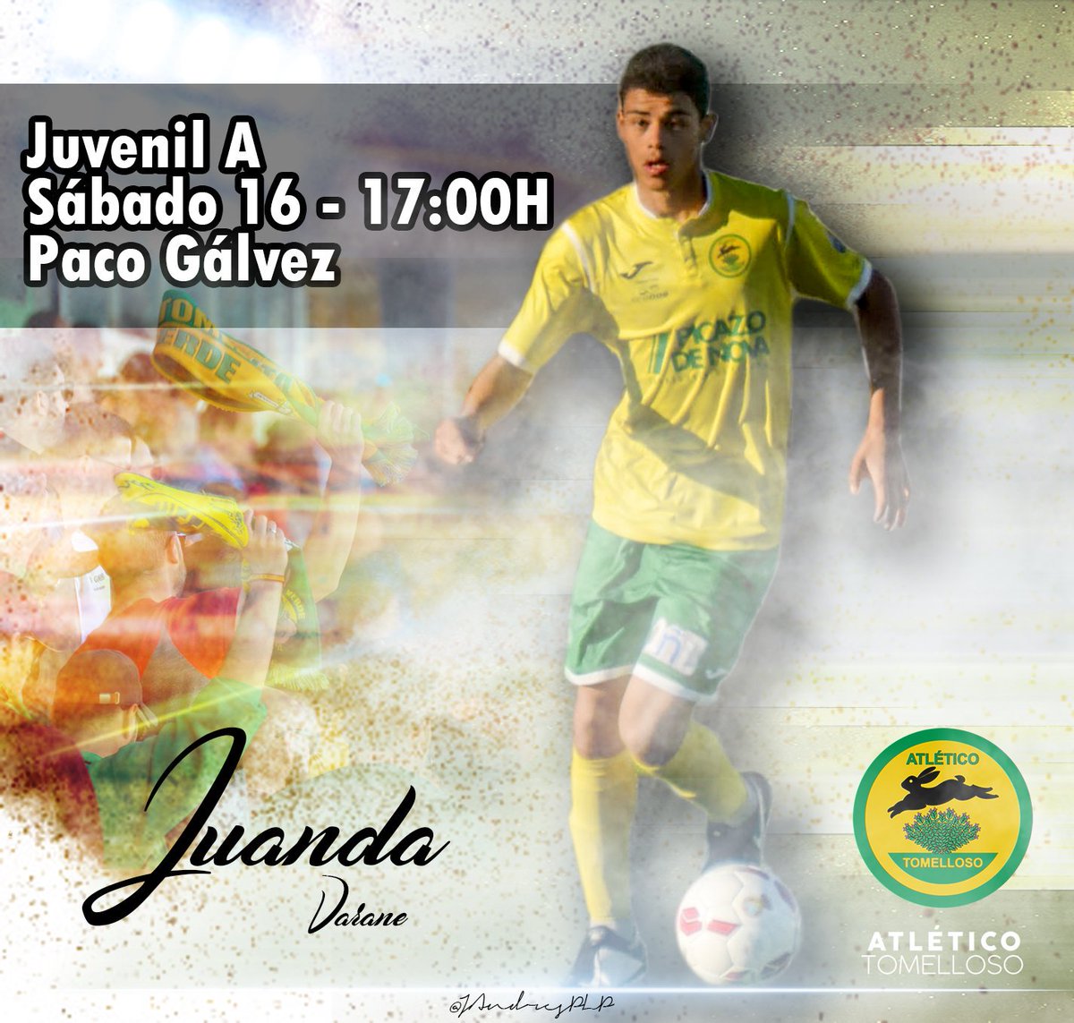 @AtlTomellosoJuv A 
⏰ Sábado 17H.
🏟️ Estadio Paco Gálvez.

Vamos #Cantera que estoy seguro que resurgimos como el #AveFenix.

Allí estaré en la segunda parte con mi chavalada dando apoyo desde la banda 📷💛💚.

¡Vamos #Tomelloso a animar!