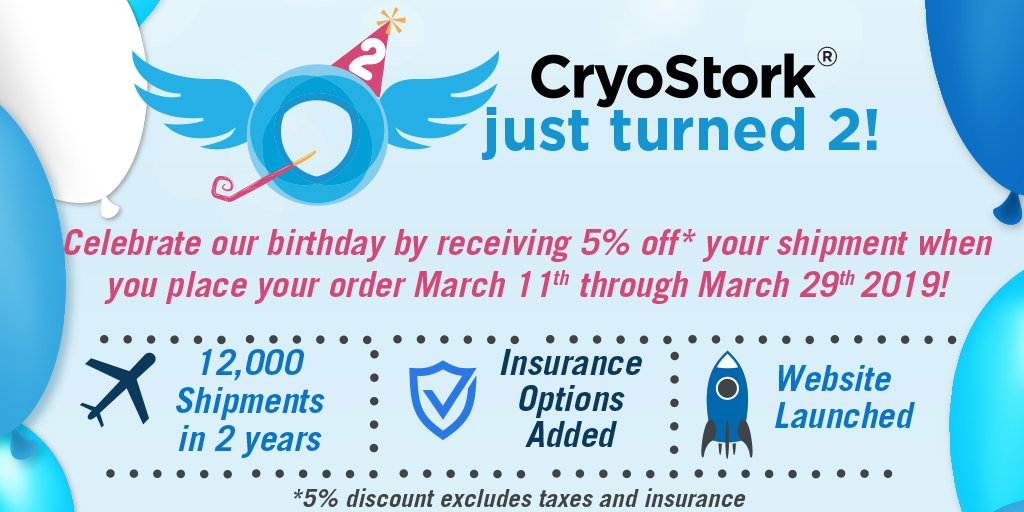 myCryoStork's tweet photo. It's our birthday! We're celebating all of our milestones over the last two years with 5 percent off #IVF shipments. Get the details on our offering here: https://t.co/NbvtarN3r6 #IVFJourney #infertilty https://t.co/ubaXSIGxO1