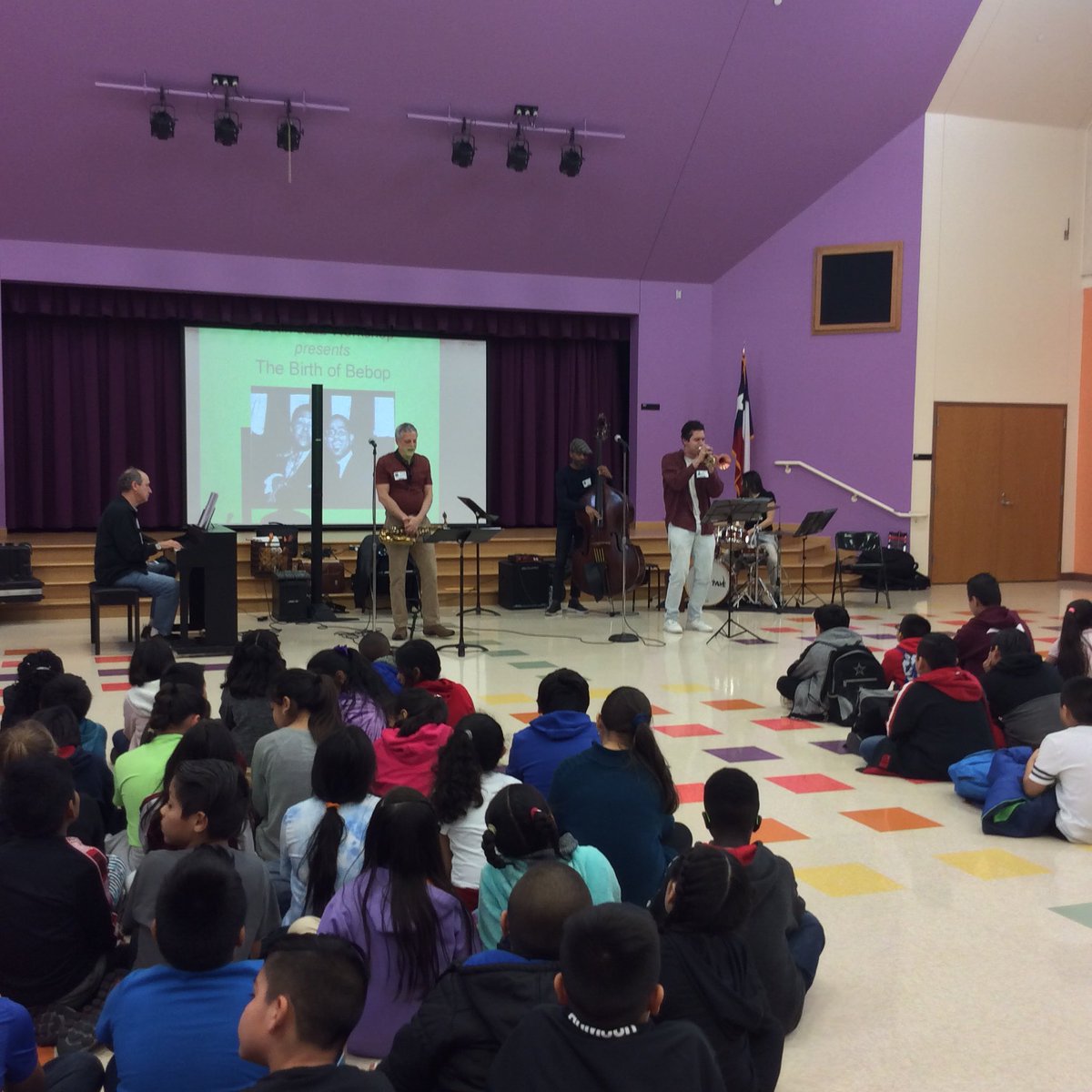 gt_mayhem's tweet photo. Austin Jazz Workshop comes to @GTGrizzlyBears to teach us about bebop! #MusicInOurSchoolsMonth  #Jazz https://t.co/emLngkBLW4