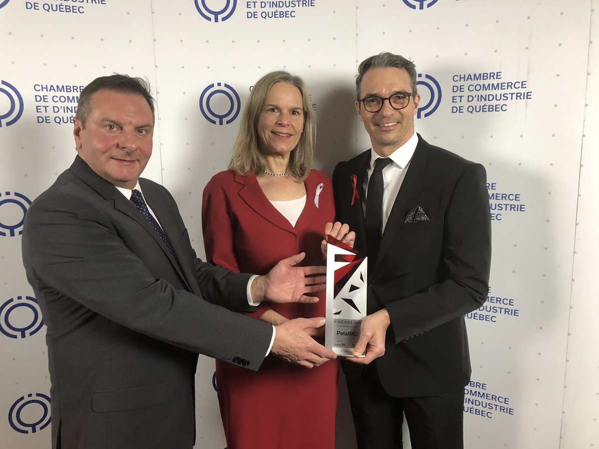 PetalHealth's tweet photo. PetalMD won the #Fideides Gala’s Achievement Outside of Quebec Award. Our entire team would like to thank @cciquebec for the amazing evening, Diane Belliveau from @ExportDevCanada and Vincent Caron from the @coalitionavenir who accompanied @PetalMD_CEO on the photo below. https://t.co/b7QSAxS2oS