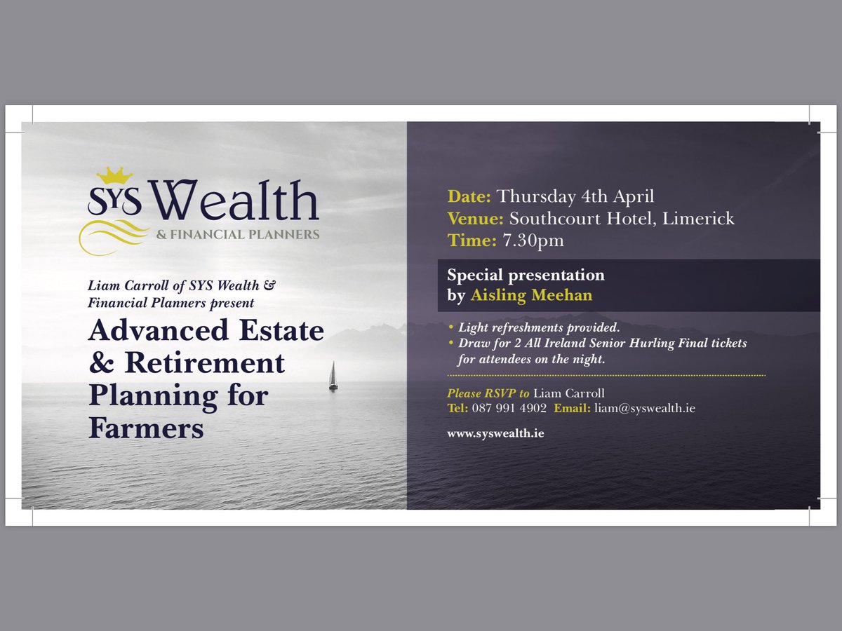 LiamC_BBSQFA's tweet photo. @Agrisolicitor @sys_wealth @RonanSherlock @GNsouthcourt @coolrusscarroll 

“Advanced Estate and Retirement planning for Farmers” at the south Court Hotel in Limerick on 4th April. 

Please pm for more info. https://t.co/J3fYnP8GCw