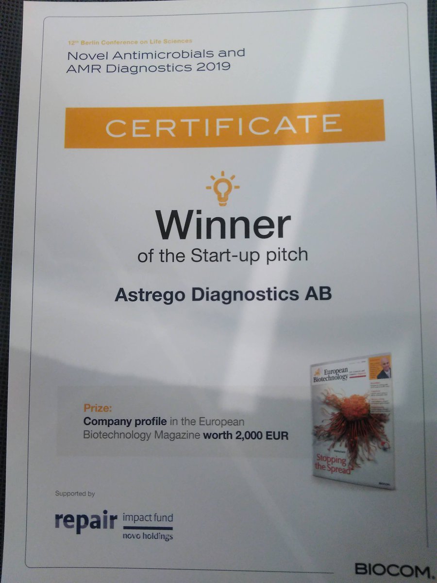 Ozden_Baltekin's tweet image. Proud to represent my company Astrego Diagnostics and win the best startup pitch prize! Thanks @BiocomDe  for organizing this important #AMRConference ! Next year we should bring more diagnostic innovators because without dx, new antibiotics won&apos;t survive long!