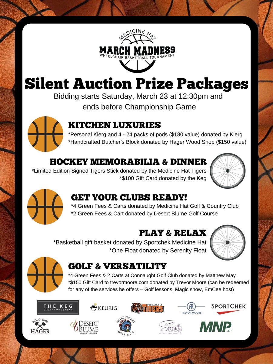 MHAdaptiveSport's tweet photo. March Madness Wheelchair Basketball Tournament is NEXT weekend at the FLC! We are so excited to have a silent auction this year for players, fans, volunteers and public to bid on! THANK YOU to the amazing businesses that provided us with these great prizes! https://t.co/EBLLtvoMXC