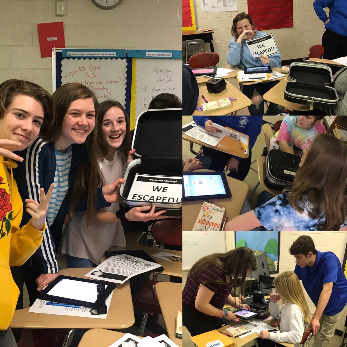 StephanieW1975's tweet photo. Students in Mr. Thomson’s Accelerated ELA class solving clues to “Breakout” during their novel study of Fahrenheit 451 @dcsnc @southdms https://t.co/9K0tfLIpMT