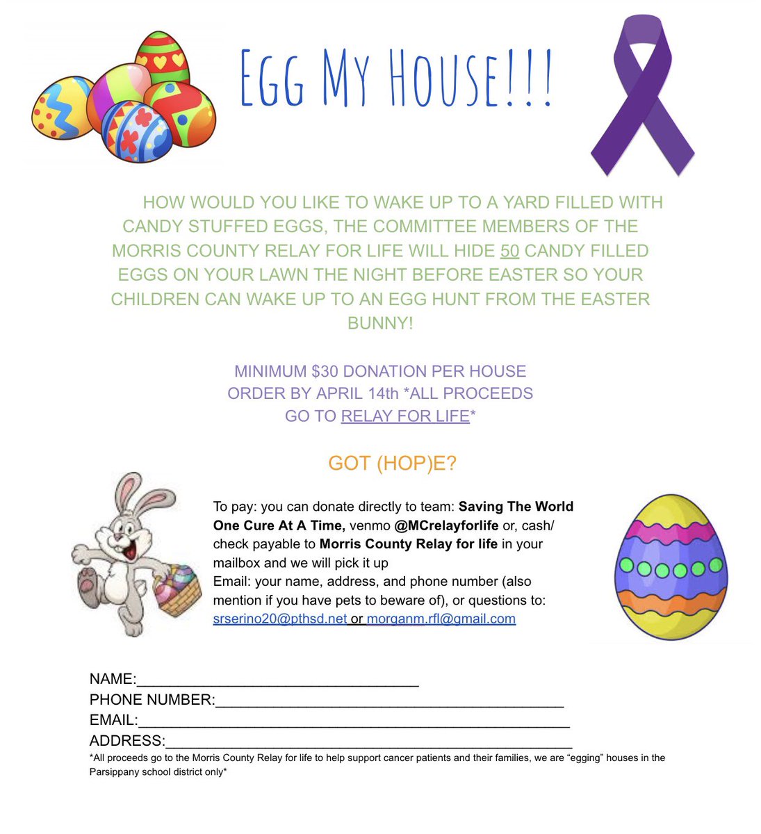 MorrisRelay's tweet image. EASTER IS ON ITS WAY!! save the hassle of hiding eggs &amp;amp; support the morris county relay for life by letting us “Egg your house”!! We have teamed up with the easter bunny so your kid(s) wake up to a yard full of 50 candy filled eggs
