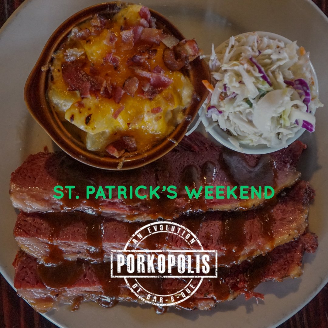 Porkopolisbbq's tweet photo. Celebrate St. Patrick's Weekend the Porkopolis way! Join us all weekend long for our special featuring:
👉 Smoked Corn Beef with a drizzle of Brady's Gold-N-Sweet BBQ Sauce
👉 Cheesy Potato Casserole
👉 Cole Slaw
All for just $12.95 in Chandler from 3/15-3/17! https://t.co/39ACLUR3mC
