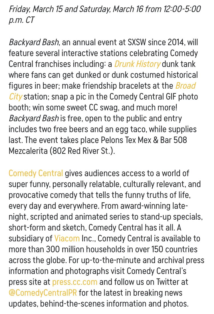 RSVPATX's tweet photo. HAPPENING NOW AT SXSW 2019 

@ComedyCentral’s #CCBackyardBash 

➡️ FREE 🌮 + 🍻

➡️ Full Info: https://t.co/iNrxPZ9Ng3

➡️ At 802 Red River St, Austin, Texas

➡️ No badge / RSVP required

➡️ 3/15

➡️ 12:00 PM CST – 5:00 PM CST

h/t @happyholidave 

#SXSW2019 #SXSW19 #SXSW https://t.co/6BDe0XsfPO