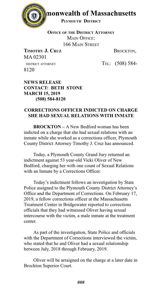 PlymouthCtyDAO's tweet photo. Corrections Officer Indicted On Charge She Had Sexual Relations With Inmate https://t.co/miiEJ0Z7Ou