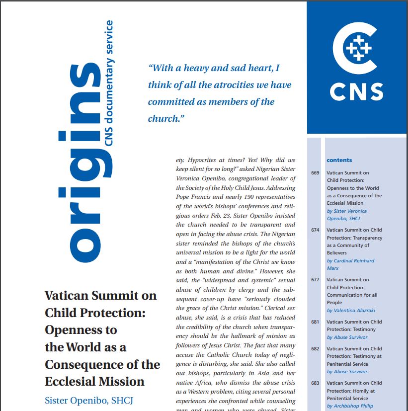 CatholicNewsSvc's tweet image. S. Veronica Openibo minced no words when she spoke to #PBC2019. Hers is just one of six texts from the #abusesummit in the latest Origins, vol. 48, no. 42. bit.ly/2VGcduW
