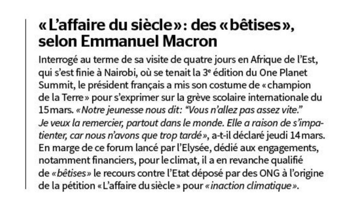 la_chouet's tweet photo. Ah Macron toujours le mot qui apaise...
Donc l'#AffaireDuSiècle c'est que "des bêtises" 
Les ONG vont être ravis
Les jeunes en colère dans la rue aujourd'hui aussi. #YouthForClimate #ClimateStrike #FridaysForFuture https://t.co/CI0MtfYFoD