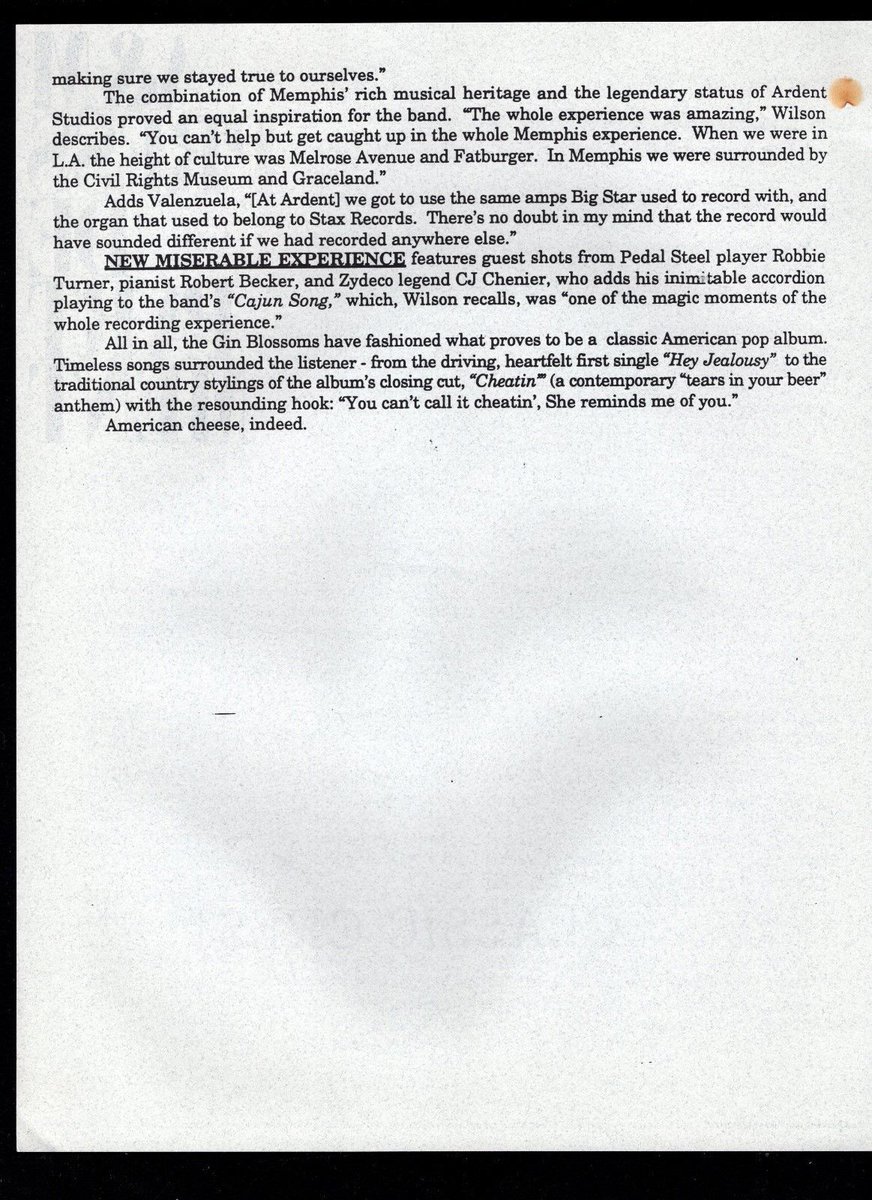 GBsArchives's tweet photo. Let's #FlashbackFriday to a press release promoting NME (put out by A&amp;M Records August 1992).

#GinBlossoms #NewMiserableExperience #AMRecords #FBF #RobinWilson #JesseValenzuela #ScottJohnson #BillLeen #DougHopkins #90s #90smusic #JohnHampton #Dusted #UpandCrumbling https://t.co/jqkCRbDIwN