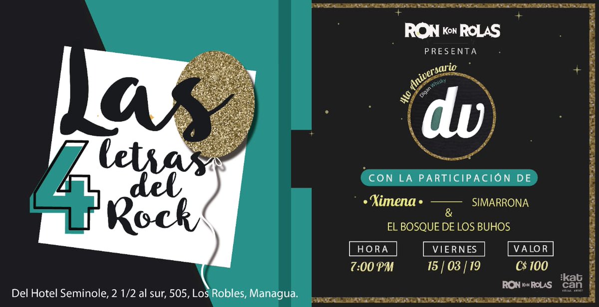 Para animar tu #NochedeViernes te invitamos a ser parte del #Concierto Las 4 Letras del Rock: Digan Whisky celebra su "4to Aniversario".

Bandas Invitadas:
Ximena
El bosque de los búhos
Simarrona (León)

15 de Marzo
C$100 / 7pm

📍Del Hotel Seminole 2 1/2c. Al Sur · Zona Hippos
