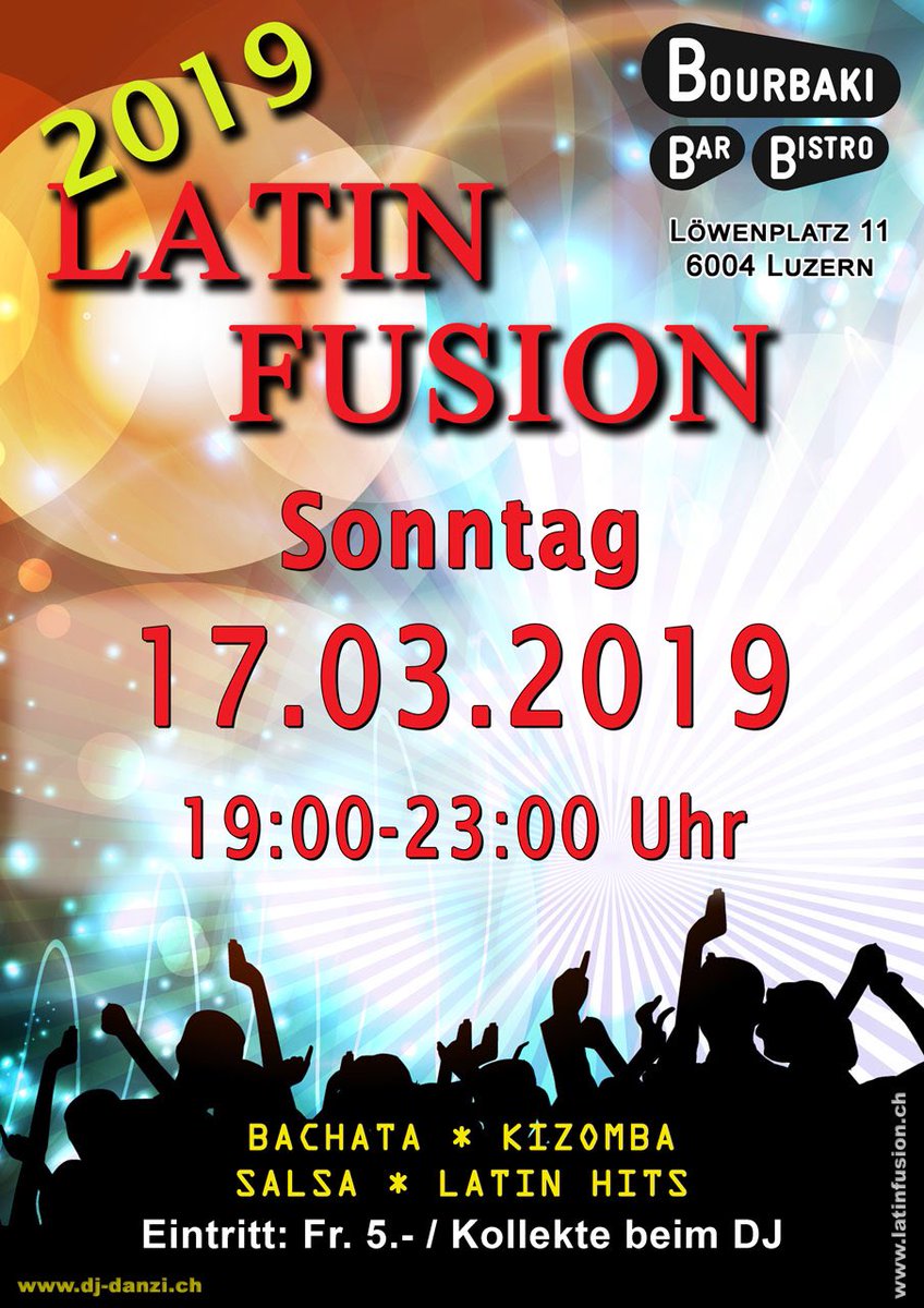 Diesen Sonntag im Bourbaki <a href="/BourbakiKino/">Bourbaki Kino/Bar</a> Latinfusion #salsa #salsadancing #bachata #kizomba #luzern <a href="/1Danzi/">Danzi / DJ Danzi</a> <a href="/RetoBurger/">Reto Burger</a> <a href="/bevents_ch/">B-Events</a> <a href="/CaribbeanN8s/">Caribbean Nights</a>