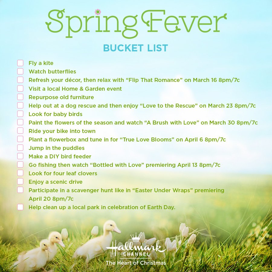 hallmarkchannel's tweet photo. Have you visited Hallmark Channel on Pinterest? Go there now &amp; enter for a chance to win a $500 Visa gift card in our #SpringFever Bucket List Sweepstakes! https://t.co/UzZZaxSDIH https://t.co/tFPYbKfR1a
