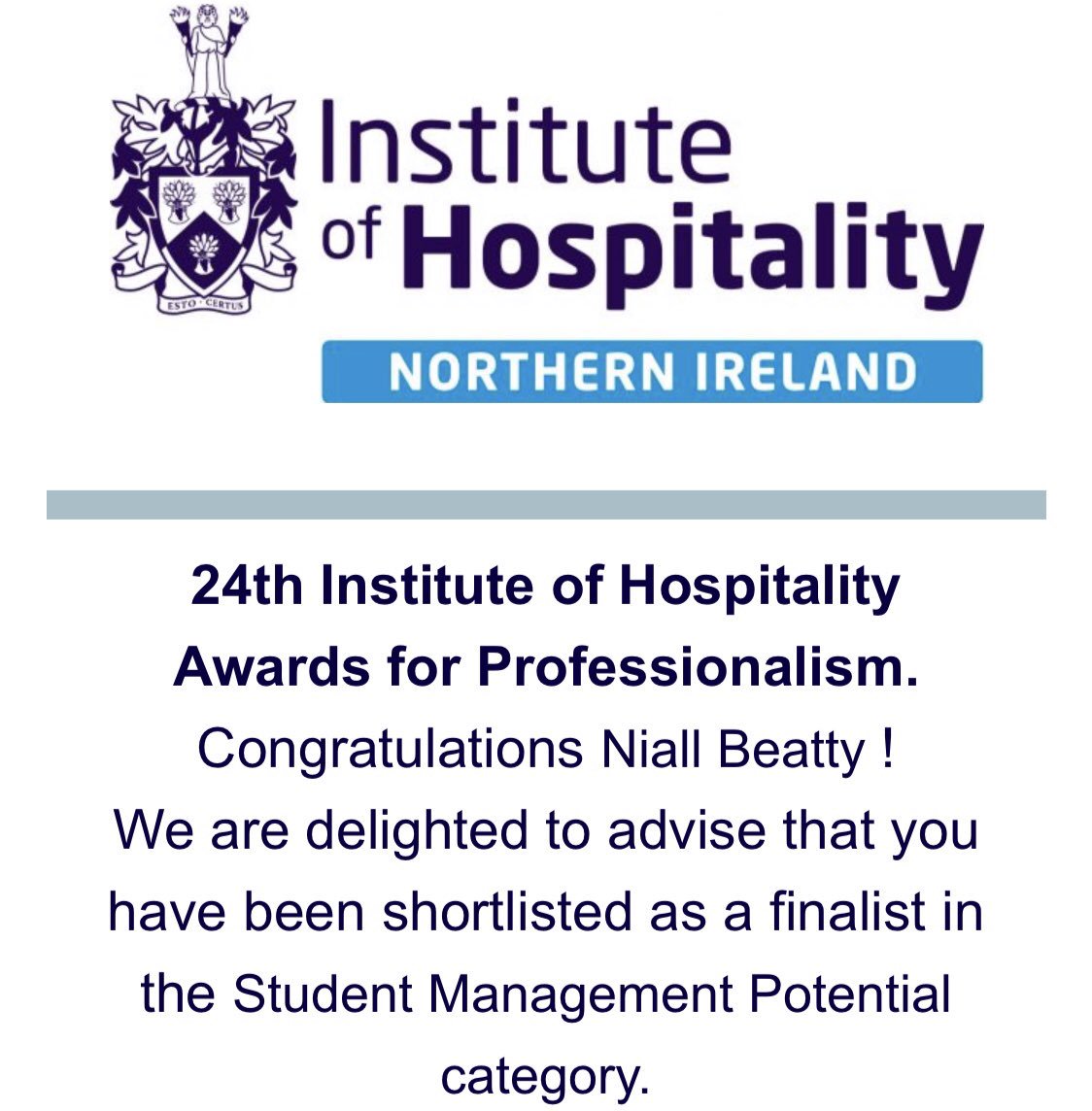 Delighted to be shortlisted as a finalist for the @IoH_NI Student Management Potential Award representing @UlsterBizSchool. #IHMUUBS