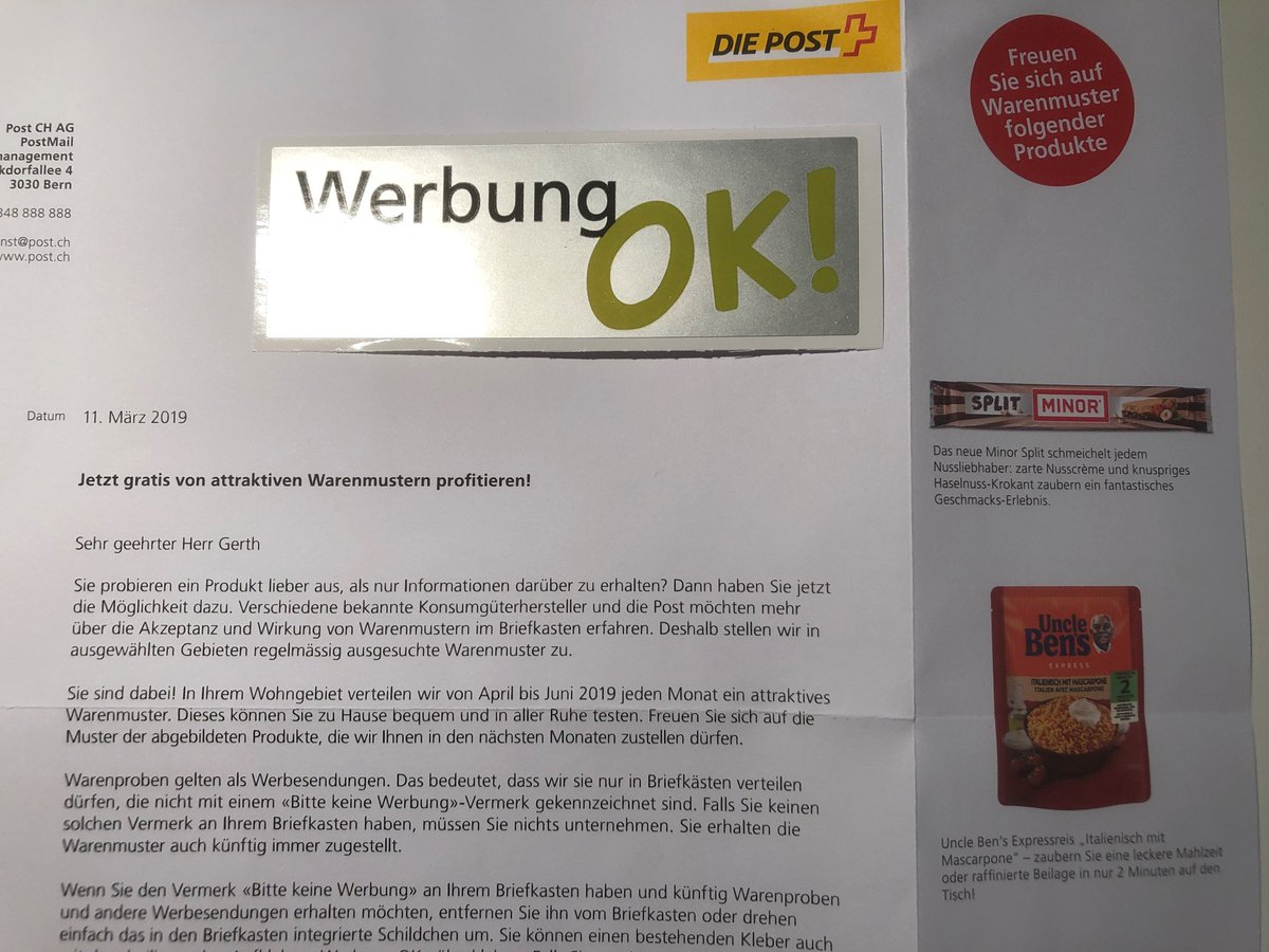 gerthm's tweet photo. Just am Tag des #Klimastreik verschickt die @postschweiz die Aufforderung, Warenmuster zu empfangen. Logistisch (CO2) und abfalltechnisch (viel Verpackung, wenig Inhalt) ein totaler Blödsinn. #blödsinn #marketingfail https://t.co/XOTohJLZjA