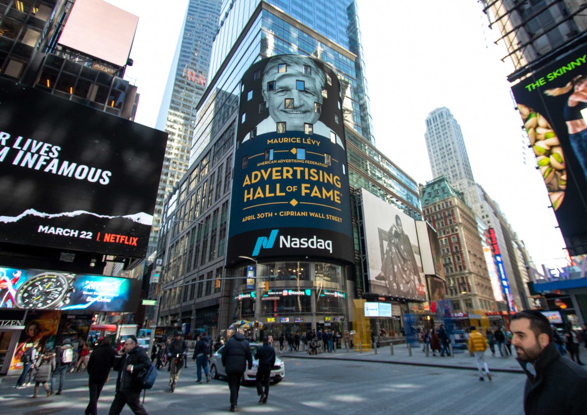 We are proud to see Maurice Levy, Chairman of Supervisory Board, #PublicisGroupe on Nasdaq billboards in # NYC #TimesSquare as one of the inductees for @AAFNational 2019 Advertising Hall of Fame.