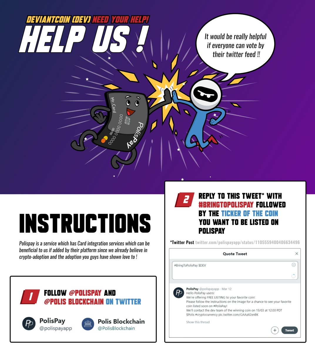 DeviantCoin's tweet image. HUGE GIVEAWAY 🎁 🎁🎁- 5000 $DEV Coins - 350$ (@DeviantCoin) for 5 lucky people who will:

✅Follow @polispayapp &amp;amp; @PolisBlockchain 
✅Comment here:  "" #BringToPolisPay $DEV ""
✅Like &amp;amp; RT this tweet. Winnings will be paid on 25th March 2019 $DEV $BTC