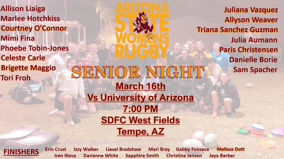 ASUWRFC's tweet photo. Here is our team set to face the University of Arizona this Saturday at 7pm!! Not only is it our LAST home game of the year but it’s also senior night, so bring everyone you know to honor our grads! Friends, family, alumni, we expect to see some faces in the crowd 😉 https://t.co/ZUST8tj9Fj