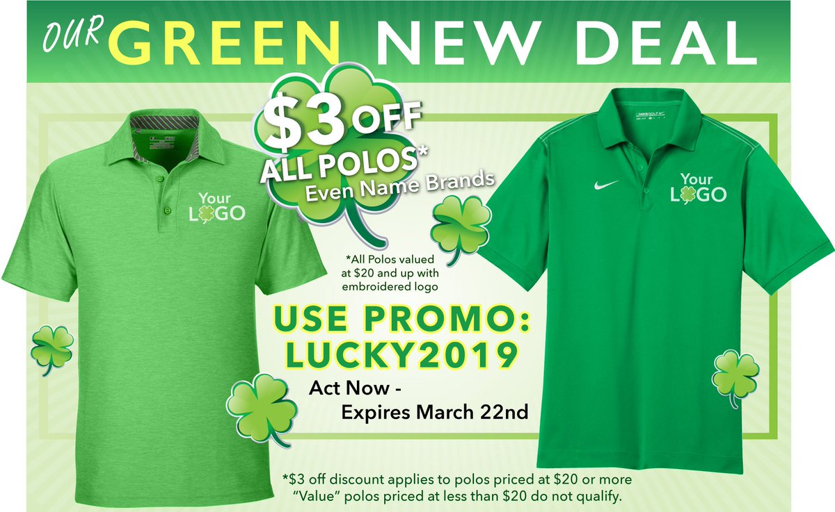 shirtsdirect's tweet photo. Celebrate St Patricks's Day with Our Green New Deal promo - $3 off polos. https://t.co/IQFzTUlPwx https://t.co/QhfFQeocdP