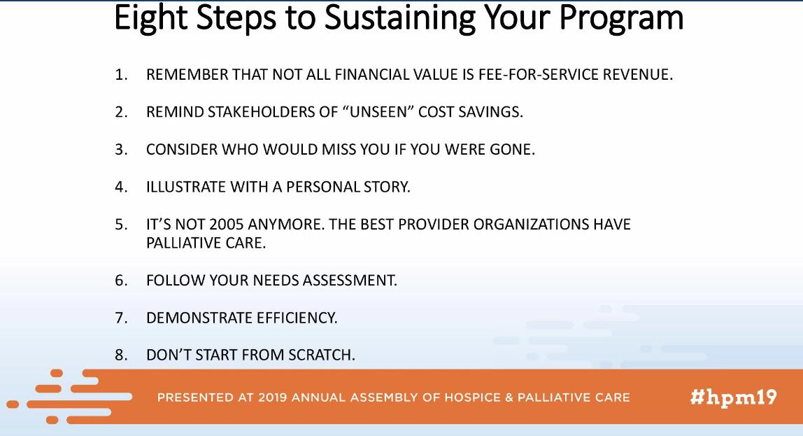 doctatum's tweet image. Important slide of my day-
8 steps to sustain your program as you live between fee for service and future payment models. #hpm19 #hpm
