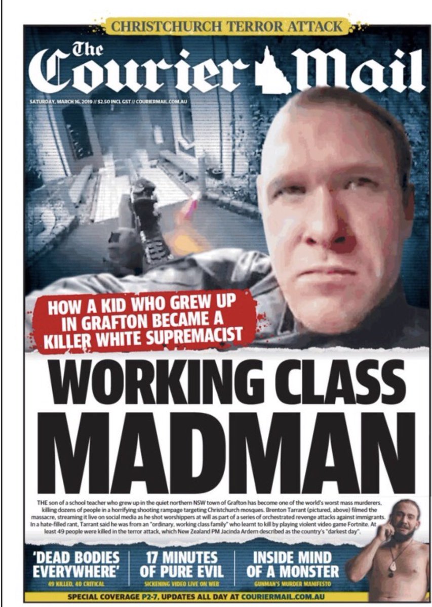 Why is the “working class” kid description necessary or relevant? Even in an instance such as this, the Australian media manages to find some way to humanise or signal sympathy for a far-right white supremacist terrorist