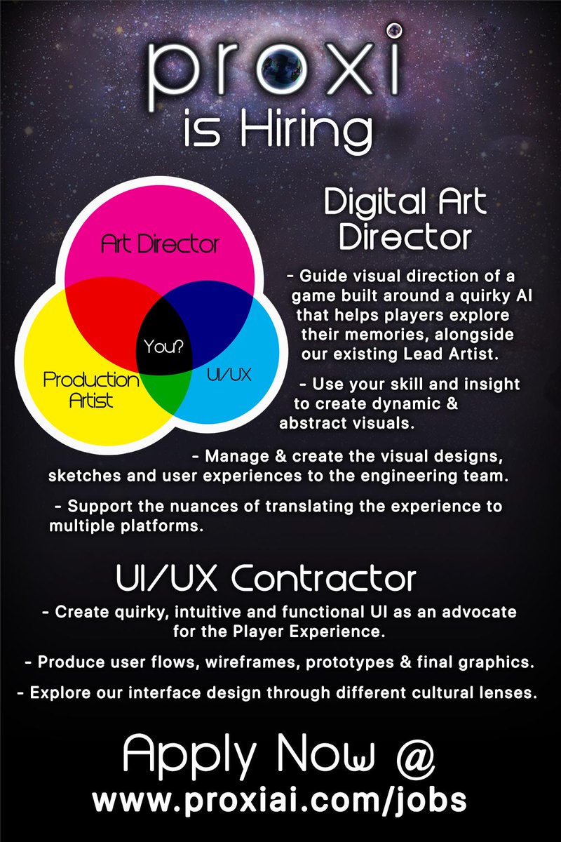 proxiai's tweet photo. Is proxi looking for you?

Apply here:
https://t.co/AgoyExjnxq 

#gamedev #hiring https://t.co/SijFZ8S32h