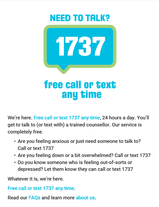 minhealthnz's tweet photo. The Ministry of Health and Canterbury DHB remind the public that counsellors are available by phone or text for anyone distressed by yesterday’s events. Call or text 1737 anytime to talk to a trained counsellor. https://t.co/pGwz3twyc1 https://t.co/47mlJJ73AV