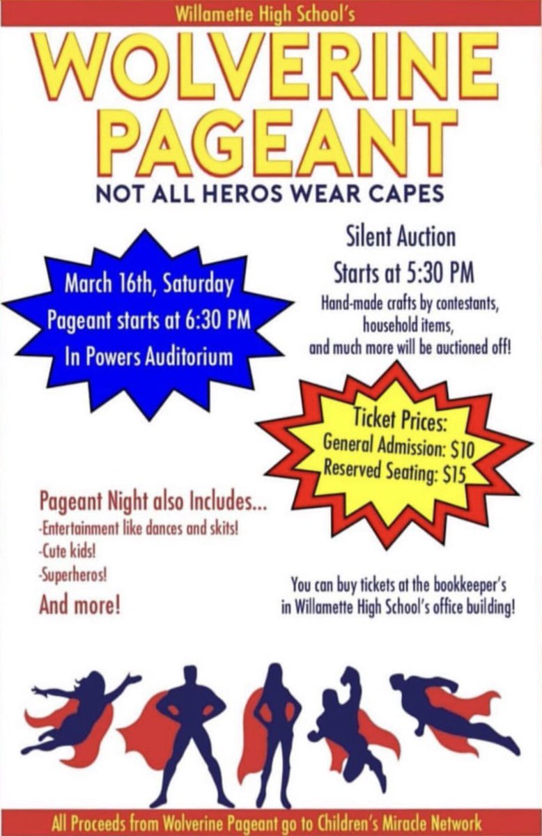Wolverine_Pgnt's tweet photo. HEY, GUESS WHAT TOMORROW IS? 
That’s right!! Tomorrow is pageant night and we would LOVE to see as many people there as possible!! Tickets will be sold at the door for $10. Come support Willamette High School &amp; the Wolverine Pageant. #savinbabies https://t.co/j1yaMlTkOx
