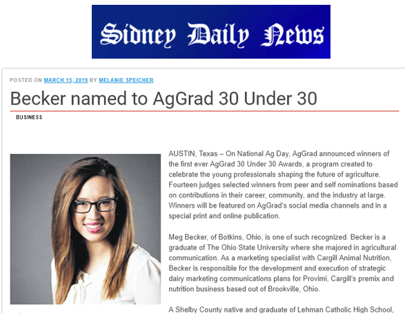 agnewscenter's tweet photo. Meg Becker, of Botkins, OH, Shelby County, named to #AgGrad30 Under 30 from @AgGradNation  https://t.co/vERM3u77kg via @sidneydailynews / @agnewscenter / https://t.co/NZkPTO8T4n / @CCImarketing  #agleaders #agtwitter @Cargill @cargillanimal @OhioState https://t.co/GPWLJXmCuN