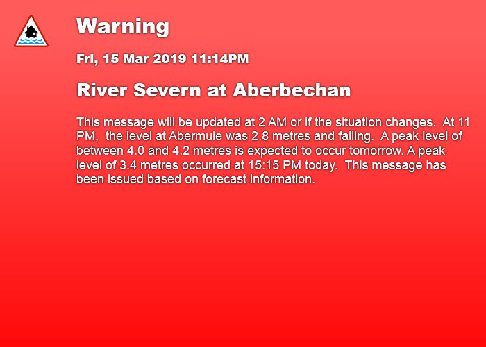 FloodAlerts_POW's tweet photo. Flood Warning, 11:14PM 15/03/2019, River Severn at Aberbechan, https://t.co/XleRIIRbsW #floodaware https://t.co/tPcedvkSTE