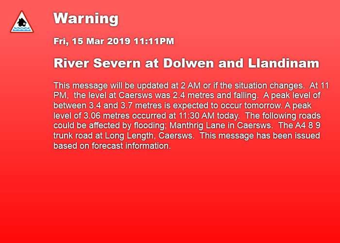 FloodAlerts_POW's tweet photo. Flood Warning, 11:11PM 15/03/2019, River Severn at Dolwen and Llandinam, https://t.co/P3IWUEFNT3 #floodaware https://t.co/JopsYDVIOo