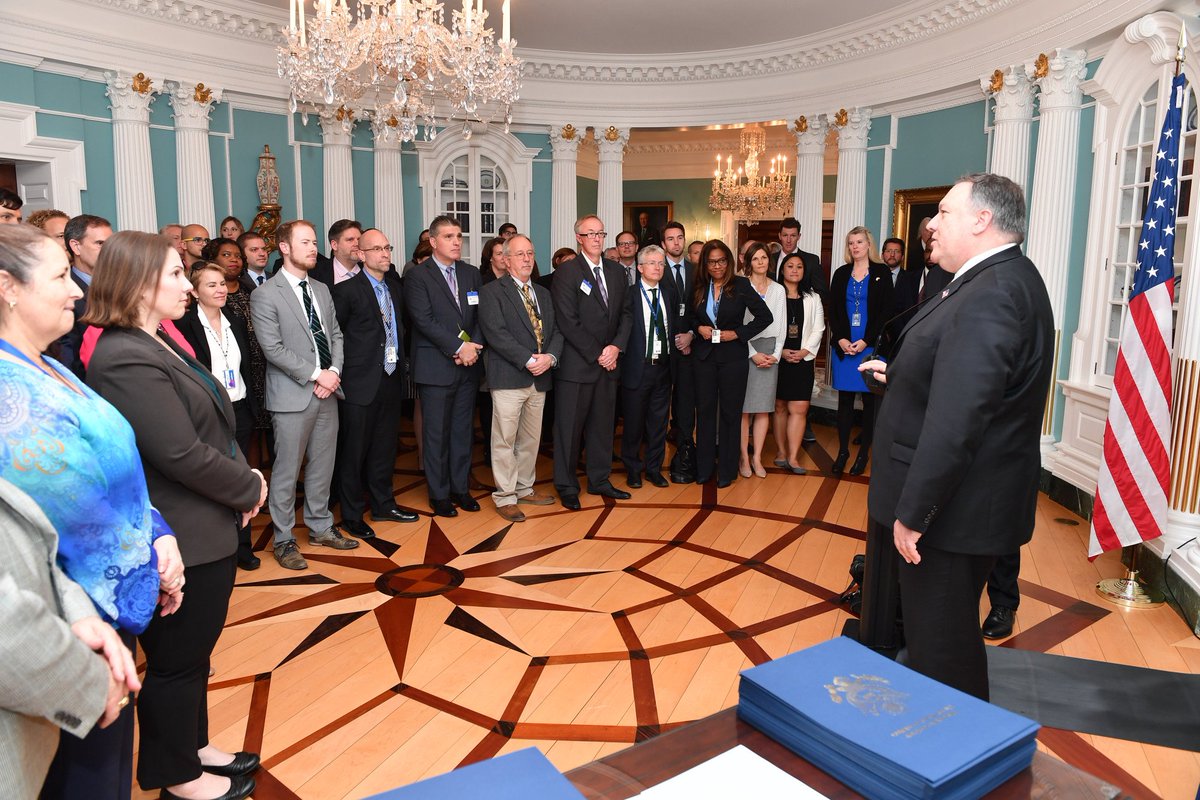 SecPompeo's tweet photo. Our people are our strength. The dedicated @usembassyve team now back in DC and all of us at @StateDept will continue to support the brave people of #Venezuela. The world’s leading democracies are with you. Democracy and prosperity will return to Venezuela and so will we. https://t.co/hY41kawmve
