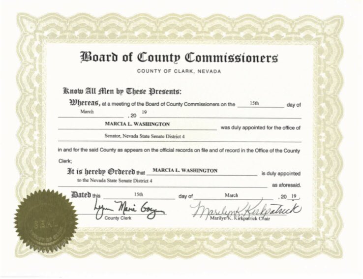 Clark County Nevada On Twitter After The County Commission Appointed Marcia Washington To The Nv State Senate We Transmitted This Certificate Of Appointment To The Clerk Of The Senate The Next Step