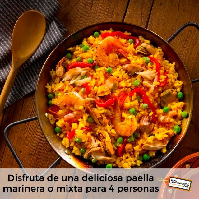 Elaborada con los mariscos más frescos, disfruta de una deliciosa paella marinera o mixta para 4 personas a domicilio. ¡Comparte con tu familia o amigos! Ingresa en tudescuenton.com para más información. #TuDescuenton