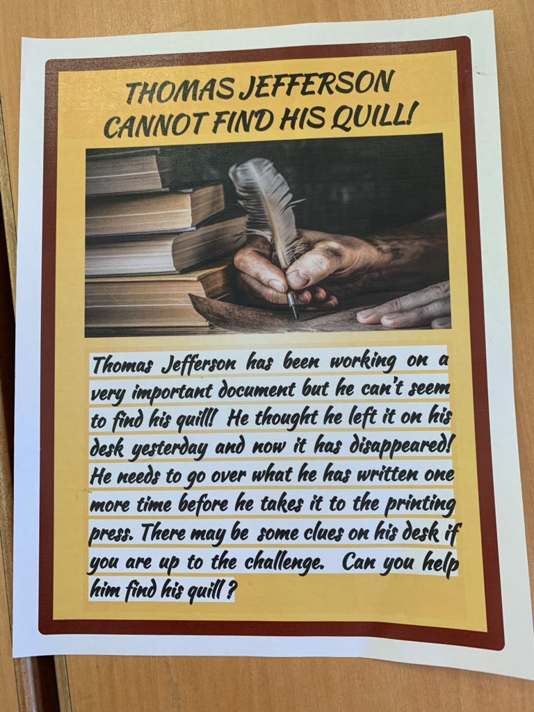 fantasticfox711's tweet photo. What? Thomas Jefferson cannot find his quill. Lucky for him 3M was able to #Breakout for him. #RooseveltPride #fortheREkids https://t.co/9kSV9tY4PA