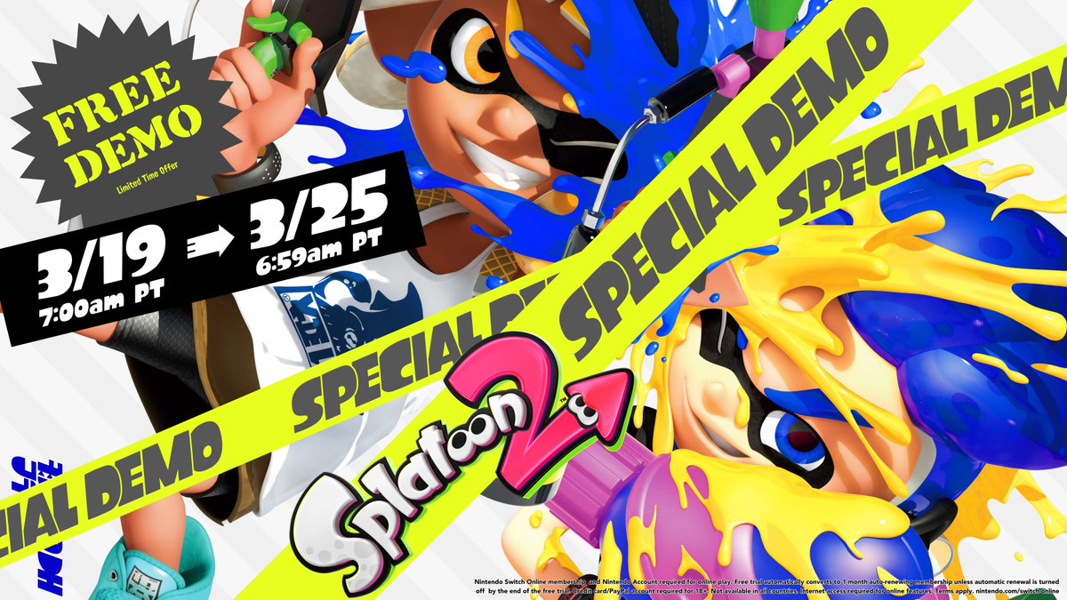 Curious about #Splatoon2? Good news, a Special Demo event is happening from 3/19 7:00am PT to 3/25 6:59am PT!
You'll need a Nintendo Switch Online membership to participate, but download the demo from Nintendo eShop, & you’ll receive a free 7-day trial for Nintendo Switch Online!