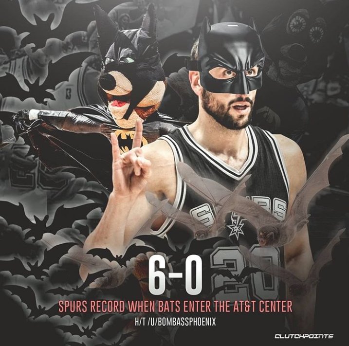 InfoManu's tweet photo. En la historia de San Antonio Spurs, en 6 oportunidades entraron murciélagos en el partido jugando de local. En las 6 ganaron. 
#EsDato 😉😊

#BatManu https://t.co/grjma6uR8C
