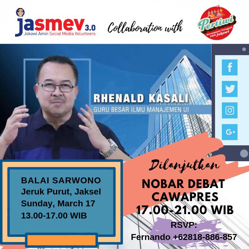Be a smart volunteer, come and join our workshop with the one and only Prof. Rhenald Kasali, PhD.

Tomorrow guys!
Limited seat!

#KampanyePintar
#OrangPintarPilihJokowiAmin
#JASMEVmenangkanJOKOWI