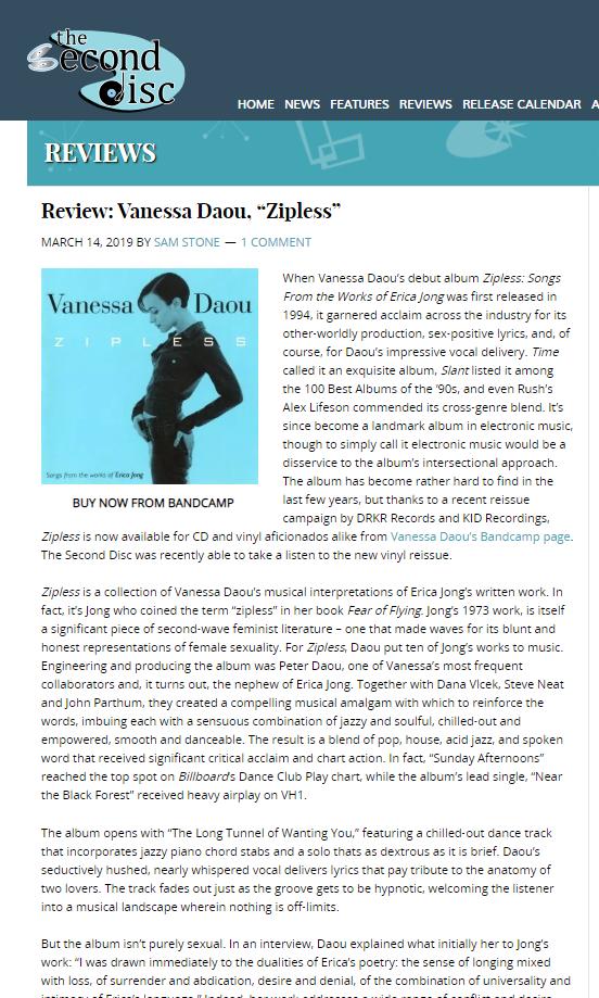 KIDRECORDINGS's tweet photo. REVIEW: @TheSecondDisc gives careful consideration to @vanessadaou's 'Zipless (Songs From The Works of @EricaJong)' vinyl reissue & concludes "25 years on, it still captivates and is as relevant as ever" -> https://t.co/VSindVUILS
#Zipless #sultry #feminist #poetry #spokenword https://t.co/XxhapQfTmt
