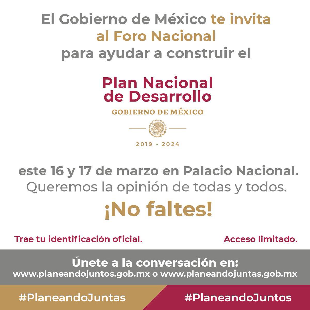 Este 16 y 17 de marzo, Palacio Nacional será la sede del Foro Nacional para la elaboración del Plan Nacional de Desarrollo ¡Asiste! #PlaneandoJuntos #PlaneandoJuntas