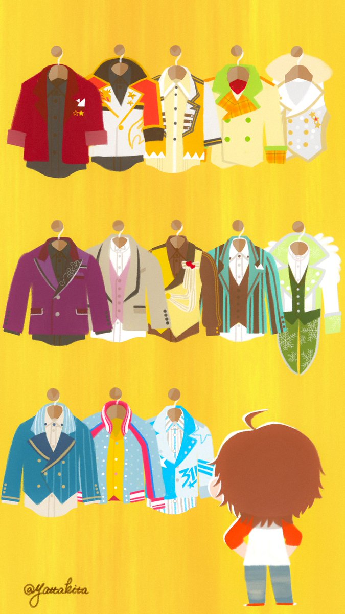 yellow background male focus jacket 1boy ahoge twitter username brown hair  illustration images