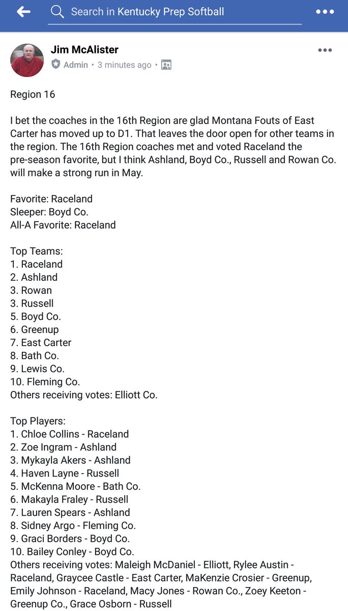 PREP SOFTBALL

The KSCA just released its coaches preseason rankings for the 16th Region.

Raceland <a href="/RacelandSchools/">Raceland-Worthington Independent Schools</a> voted Preseason Favorite

Raceland sophomore third baseman CHLOE COLLINS voted 16th Region Preseason Player of the Year: