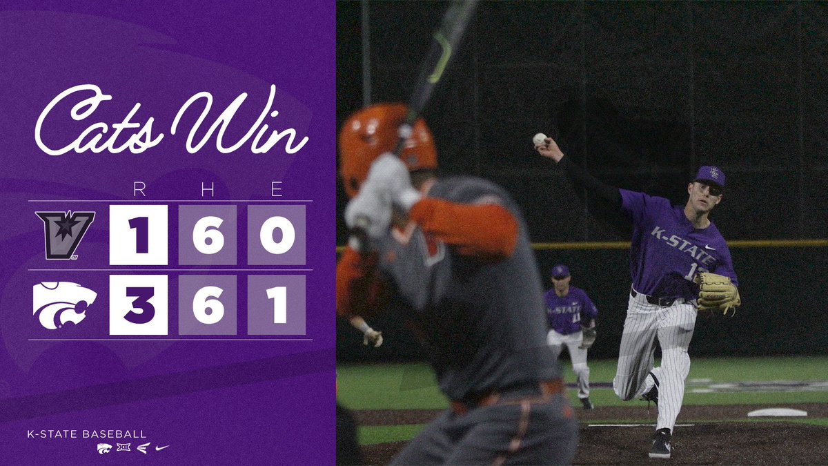 KStateBSB's tweet photo. CATS WIN!

Cam gets two hits, Zubradt picks up save No. 4 and #KStateBSB takes the series opener, 3-1!

Game 2 is set for tomorrow at 4 pm https://t.co/0uMhR3N4YW